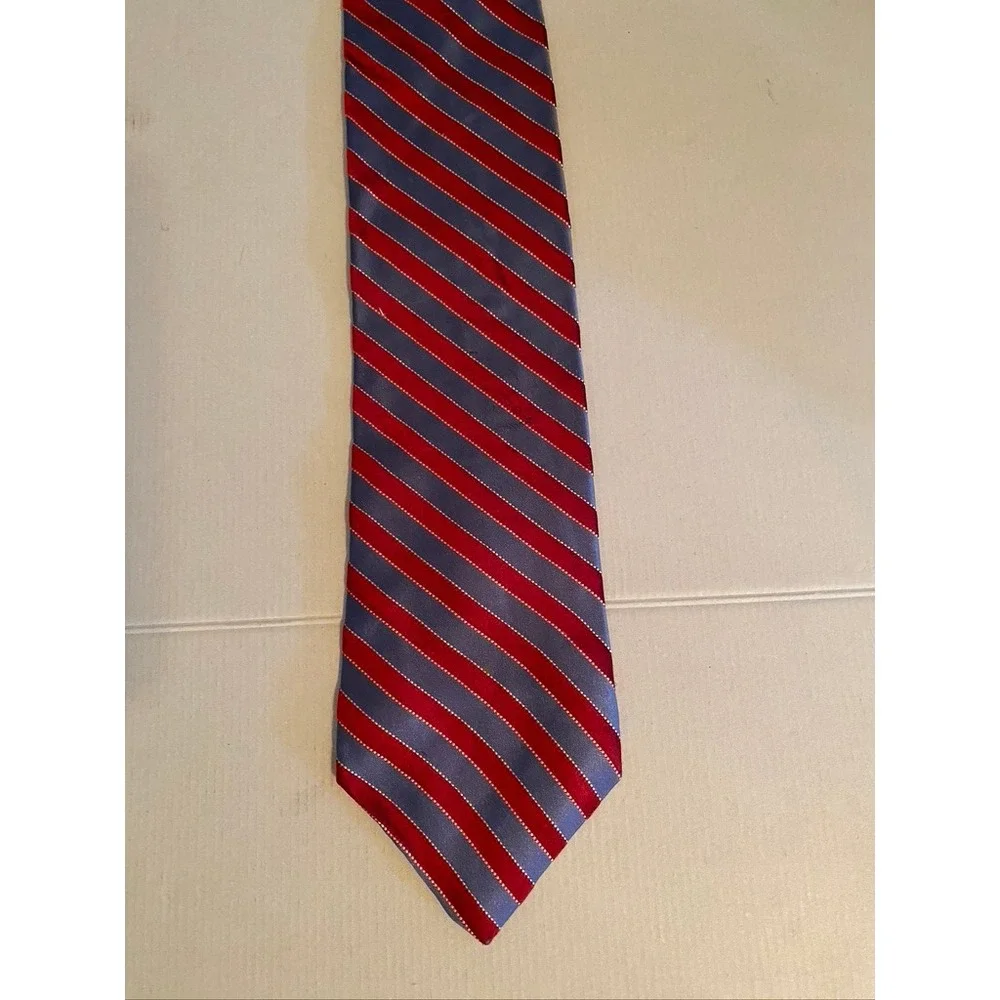 Tommy Hilfiger Mens Red Blue Striped Silk Tie Houndstooth Contrast Tip